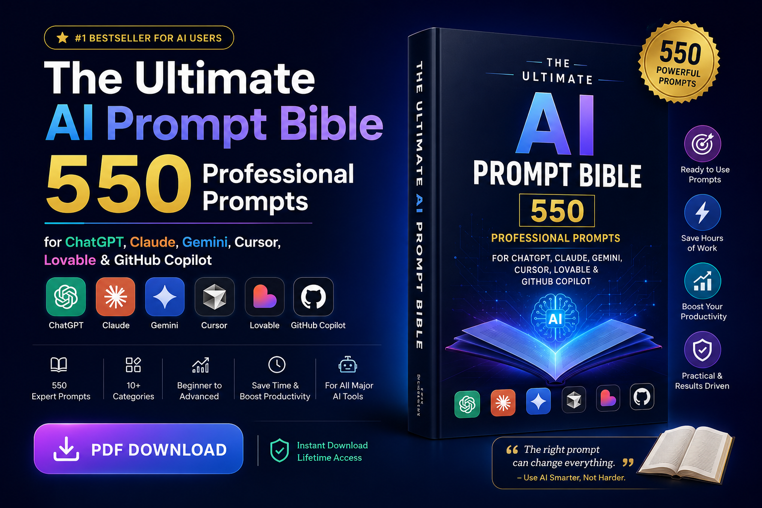 The Ultimate AI Prompt Bible — 550 Professional Prompts for ChatGPT, Claude, Gemini, Cursor, Lovable & GitHub Copilot (PDF Download) photo 1