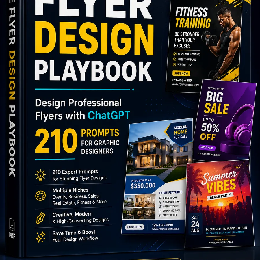 The Flyer Design Playbook — Design Professional Flyers with ChatGPT | 210 Prompts for Graphic Designers (PDF) photo 1