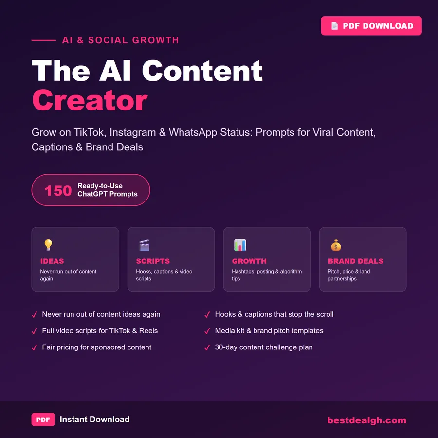 The AI Content Creator — Grow on TikTok, Instagram & WhatsApp Status: 150 ChatGPT Prompts for Viral Content, Captions & Brand Deals (PDF) photo 1